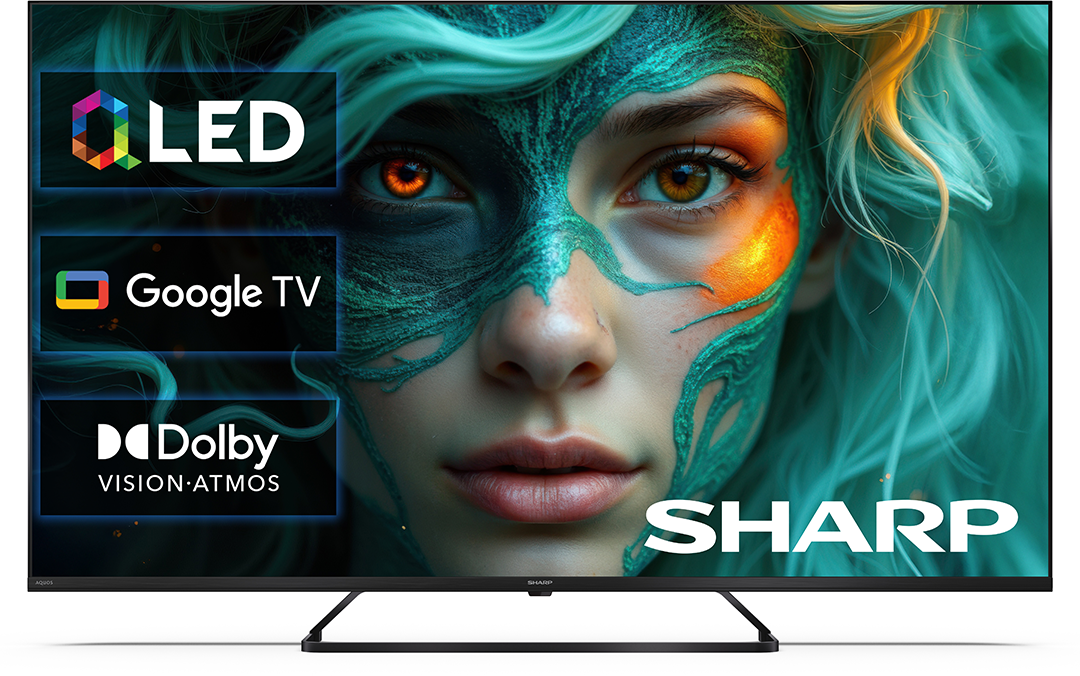 Egy TV teal mintás arcot mutat, OLED, Google TV és Dolby Vision feliratokkal.