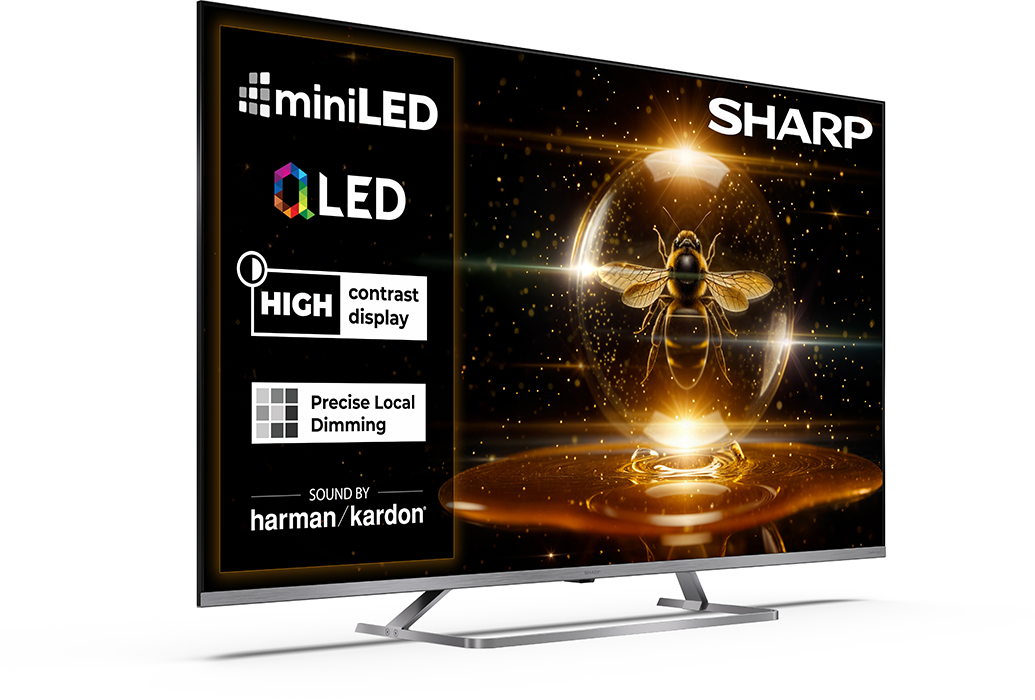 Sharp TV miniLED, nagy kontraszt, precíz helyi fényerő-szabályozás, Harman Kardon hang.