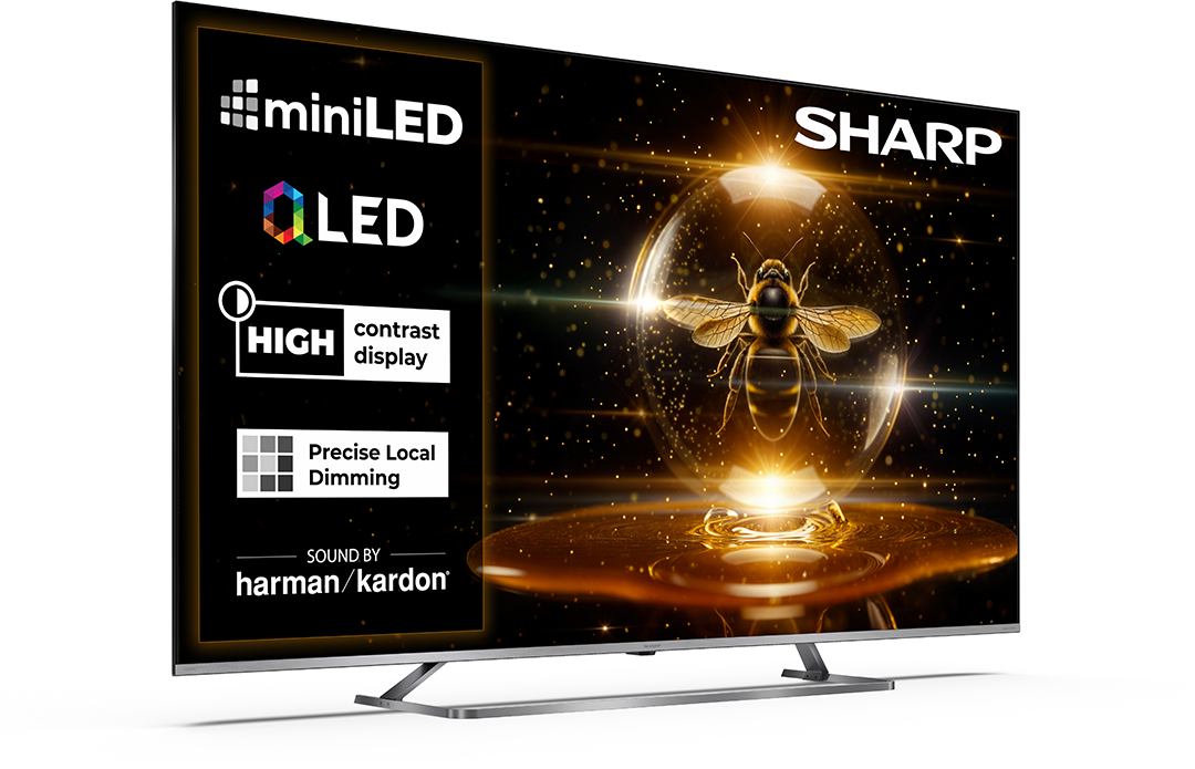 Sharp MiniLED TV méhbarlanggal üveggömbben. Magas kontraszt, precíz helyi tompítás.
