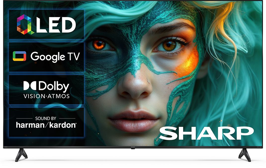 Egy modern televízió feltűnő képet mutat egy kékeszöld és narancssárga sminkes nőről.