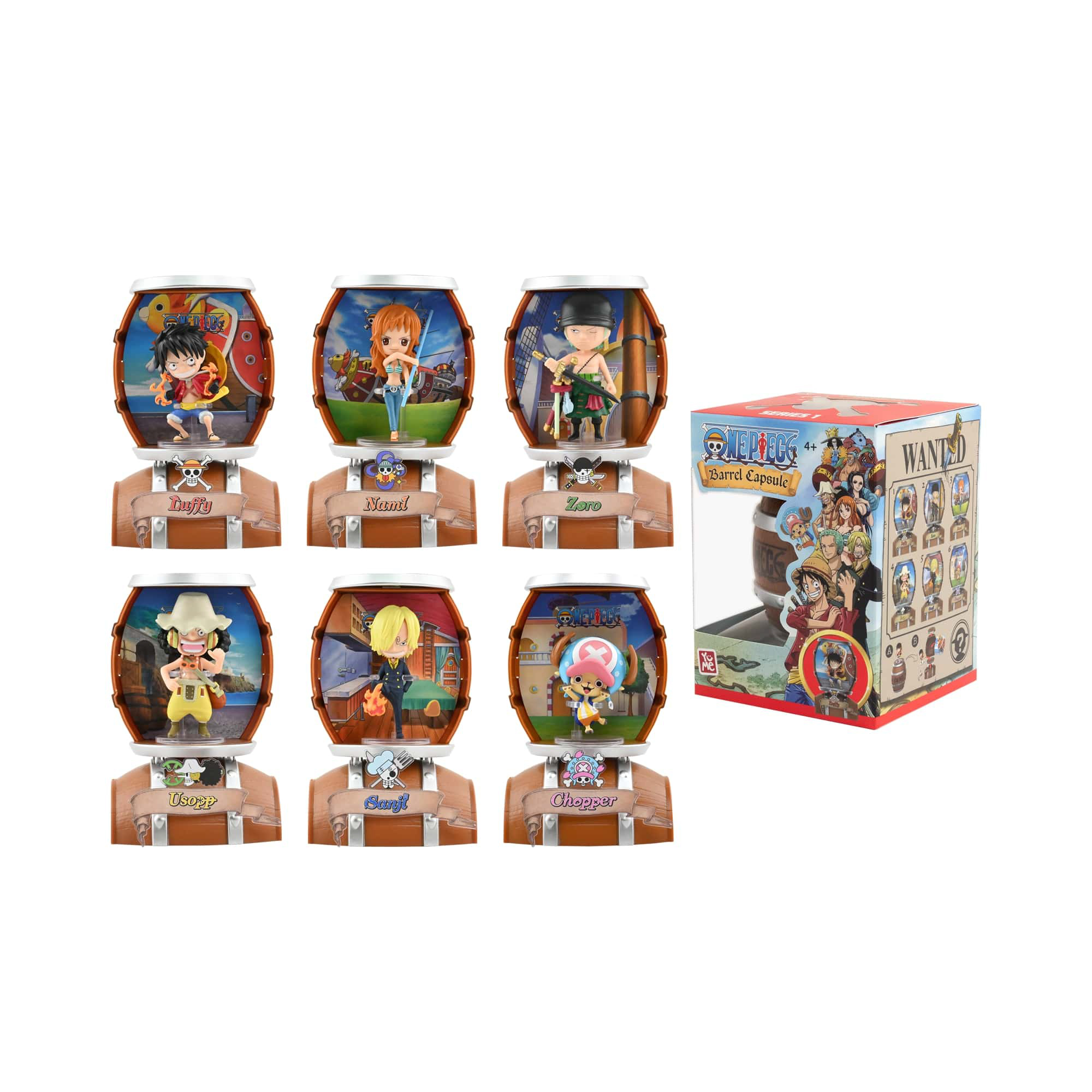 Sammlung von One Piece Fasskapsel-Figuren und ihrer Box.
