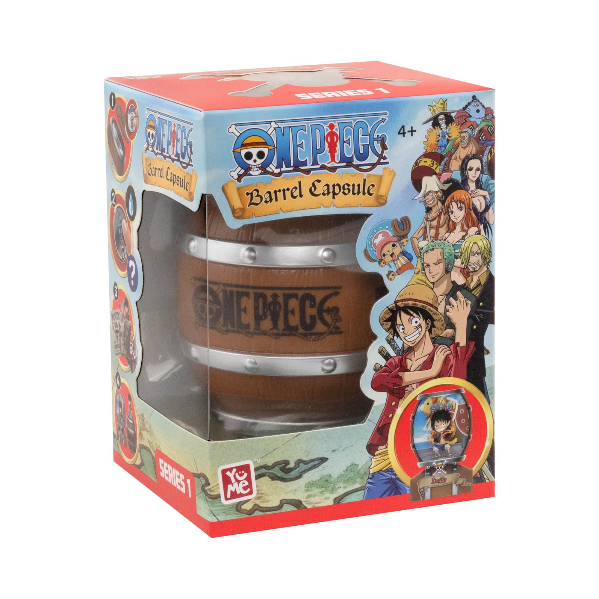 Verpackung einer One Piece Barrel Capsule Spielzeugreihe mit Charakterabbildungen.