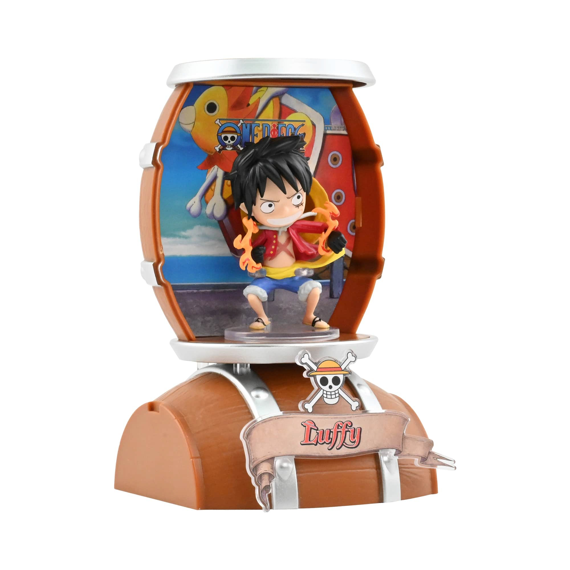 Eine Figur von Monkey D. Luffy in einem Fass mit einem Piratenlogo und Flammen.