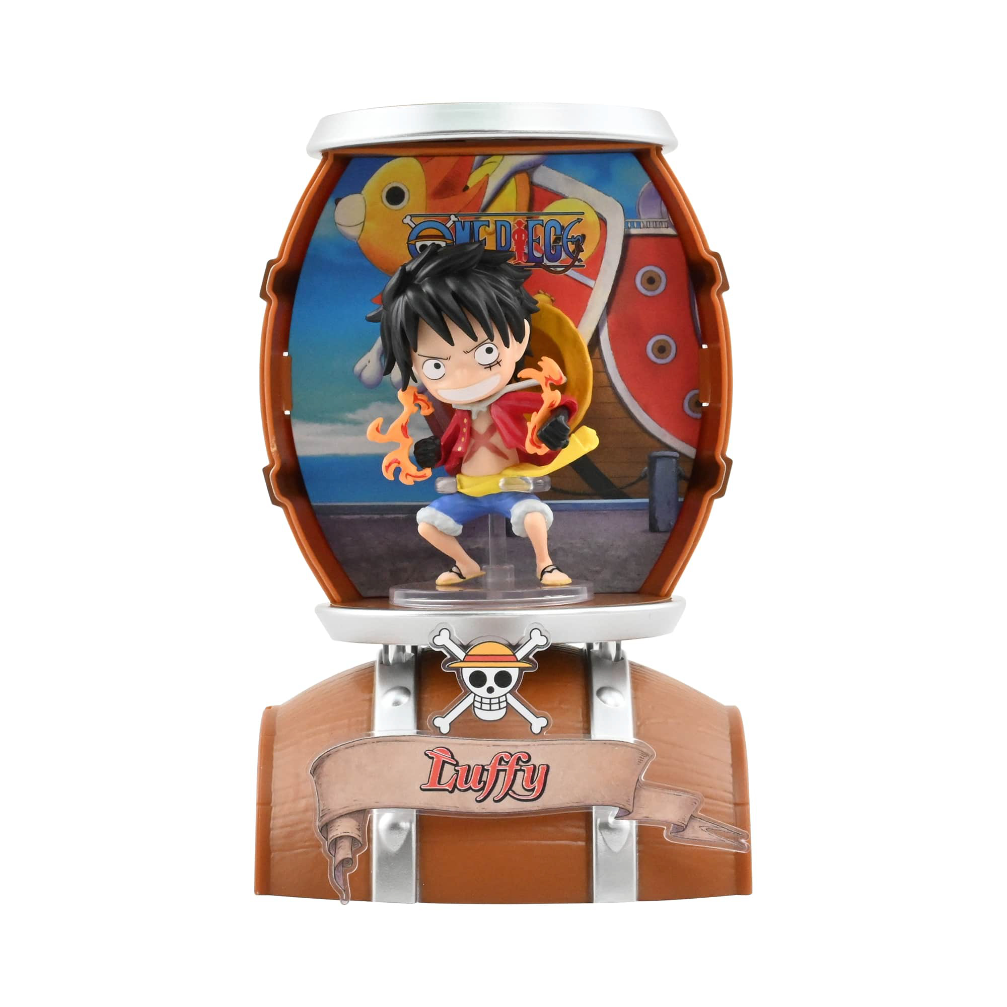 Eine Figur von Monkey D. Luffy mit Flammen an den Händen in einer runden Kulisse.