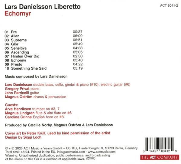 CD-Rückseite mit Albumtitel, Trackliste und Credits für "Echomyr" von Lars Danielsson.
