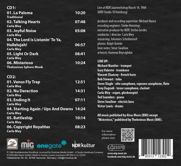CD-Cover mit Trackliste, Besetzung und Produktionsinfos für Carla Bley.