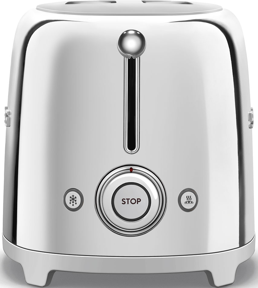Un grille-pain chromé brillant avec bouton stop et symboles flocon et sss.