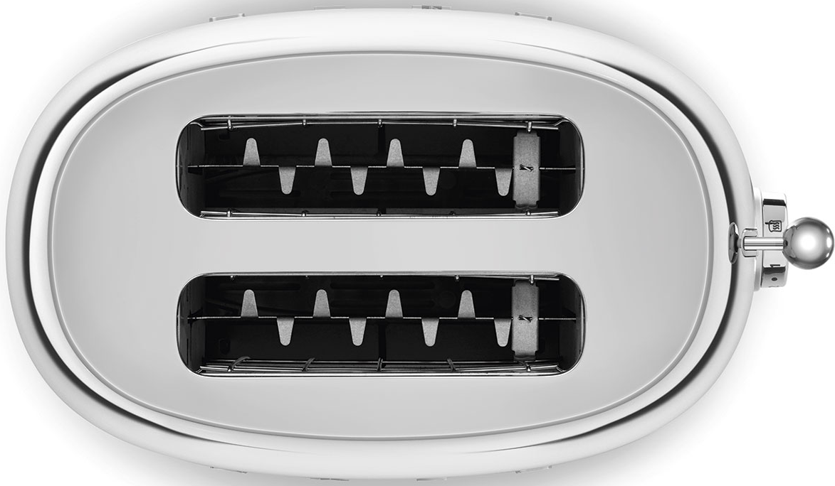 Un grille-pain argenté à deux fentes avec un bouton rotatif.