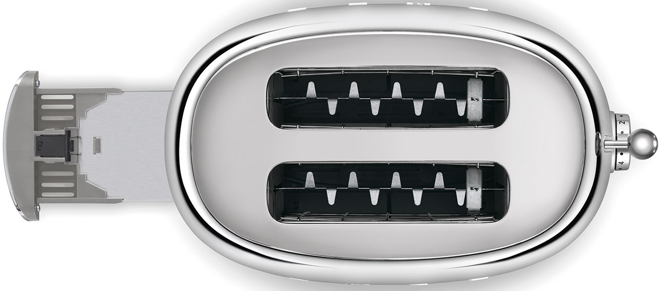 Un grille-pain argenté à deux fentes avec un bouton de commande latéral.