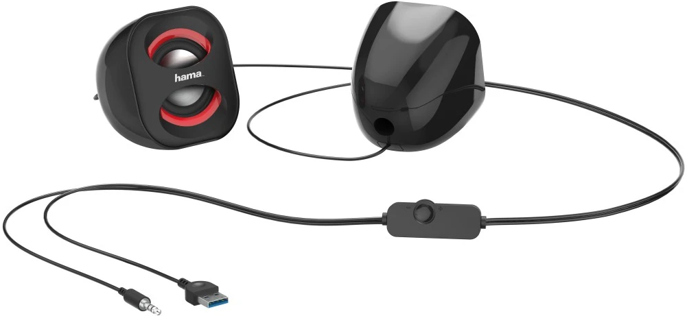 Enceintes Hama noires avec anneaux rouges, câbles et connecteur USB.