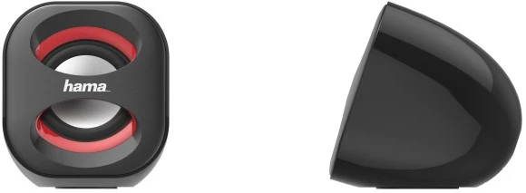 Un haut-parleur noir avec des accents rouges et le logo Hama.