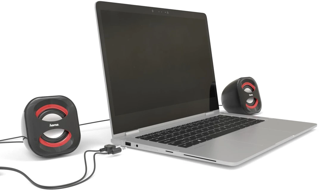 Un ordinateur portable avec deux haut-parleurs noirs à accents rouges.
