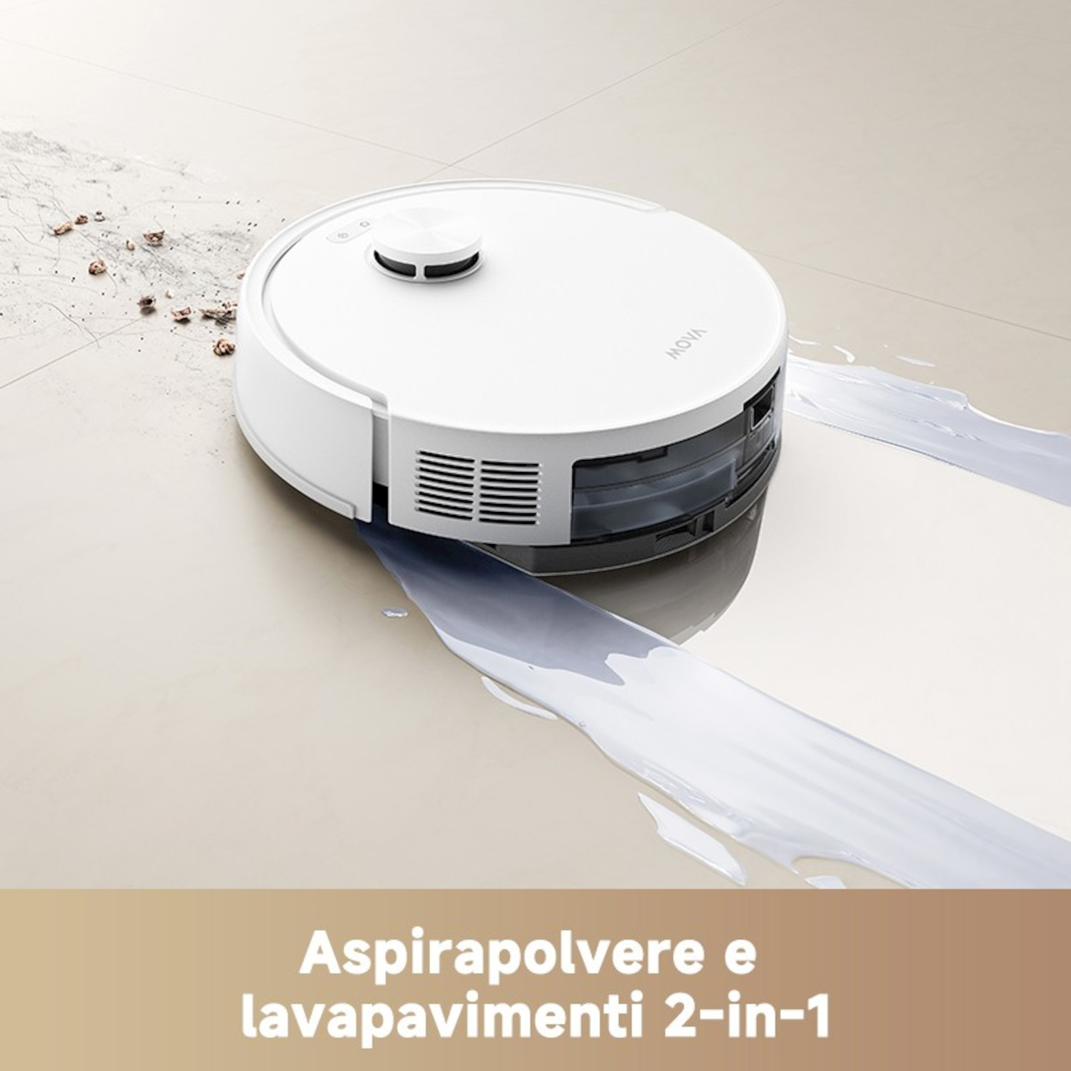 Un robot aspirapolvere bianco pulisce un pavimento chiaro, raccogliendo sporco e acqua.