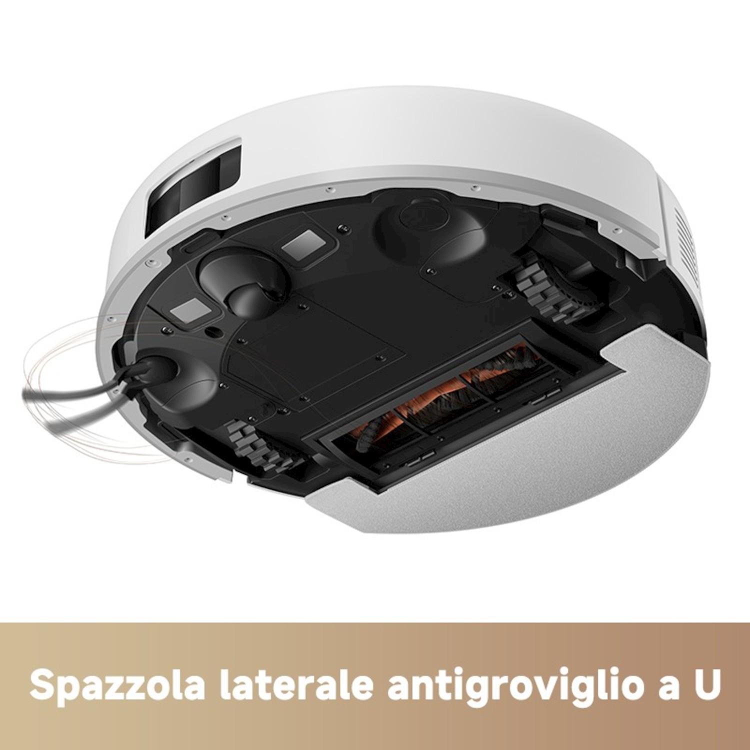 Sottopancia di un robot aspirapolvere bianco con spazzole e ruote.