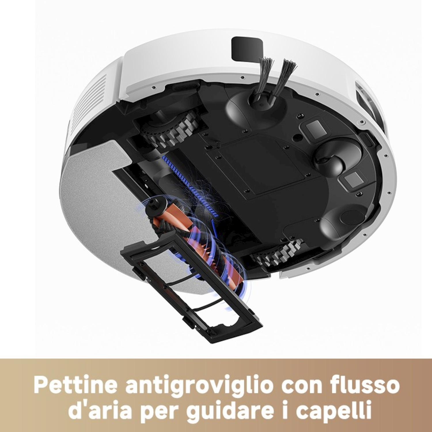 Parte inferiore di un robot aspirapolvere con spazzola e flusso d'aria per rimuovere i peli.