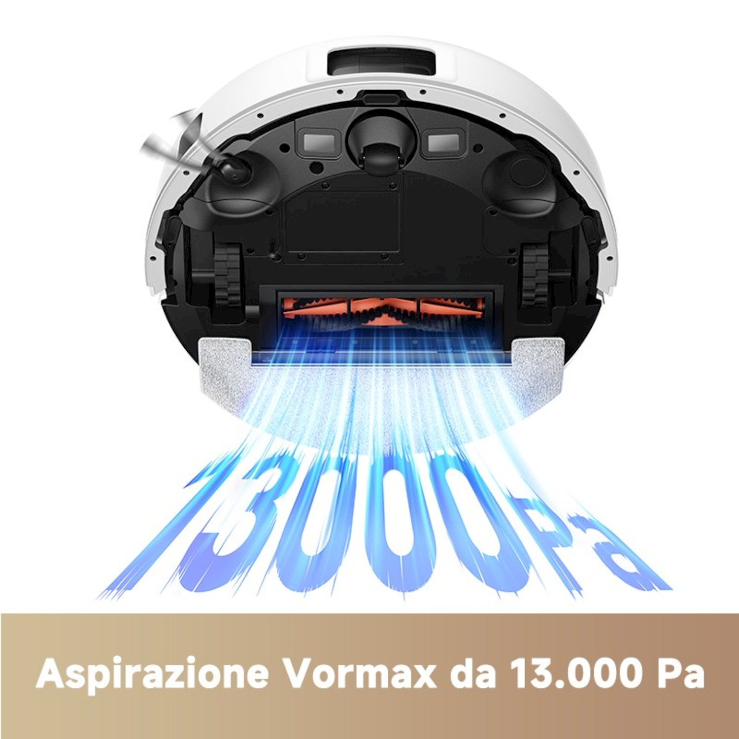 Parte inferiore di un robot aspirapolvere bianco con spazzole rotanti e flusso d'aria.