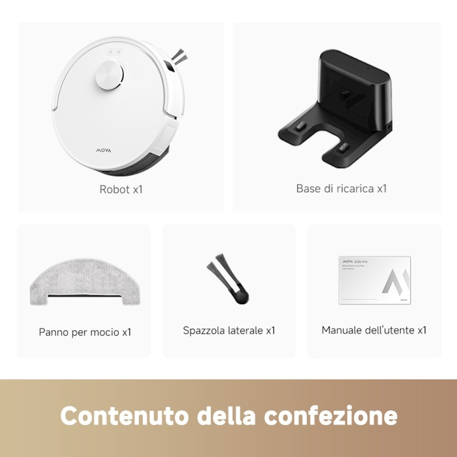 Un robot aspirapolvere bianco con base di ricarica, mocio, spazzole laterali e manuale.
