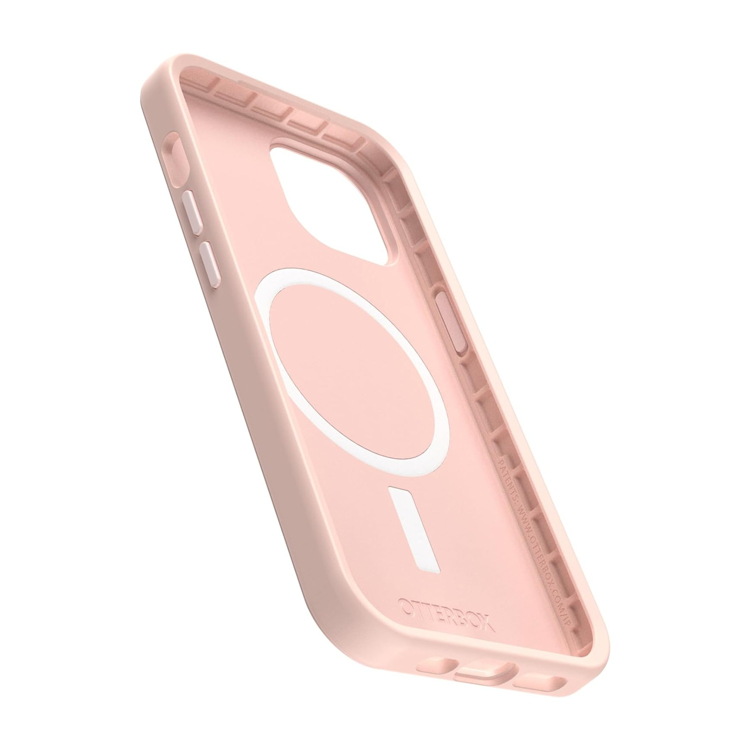 Una custodia per telefono rosa con anello MagSafe e logo Otterbox.
