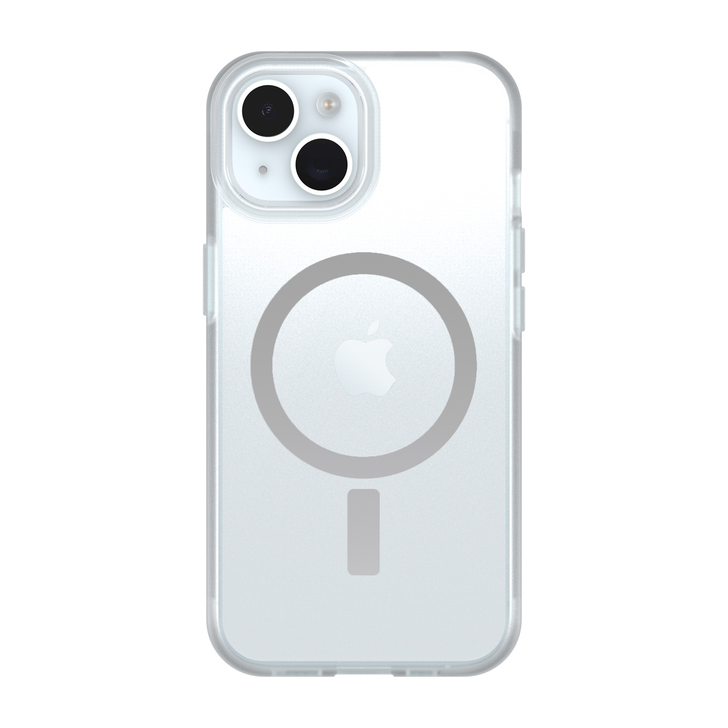 Custodia trasparente per telefono con logo Apple e fotocamere su sfondo bianco.