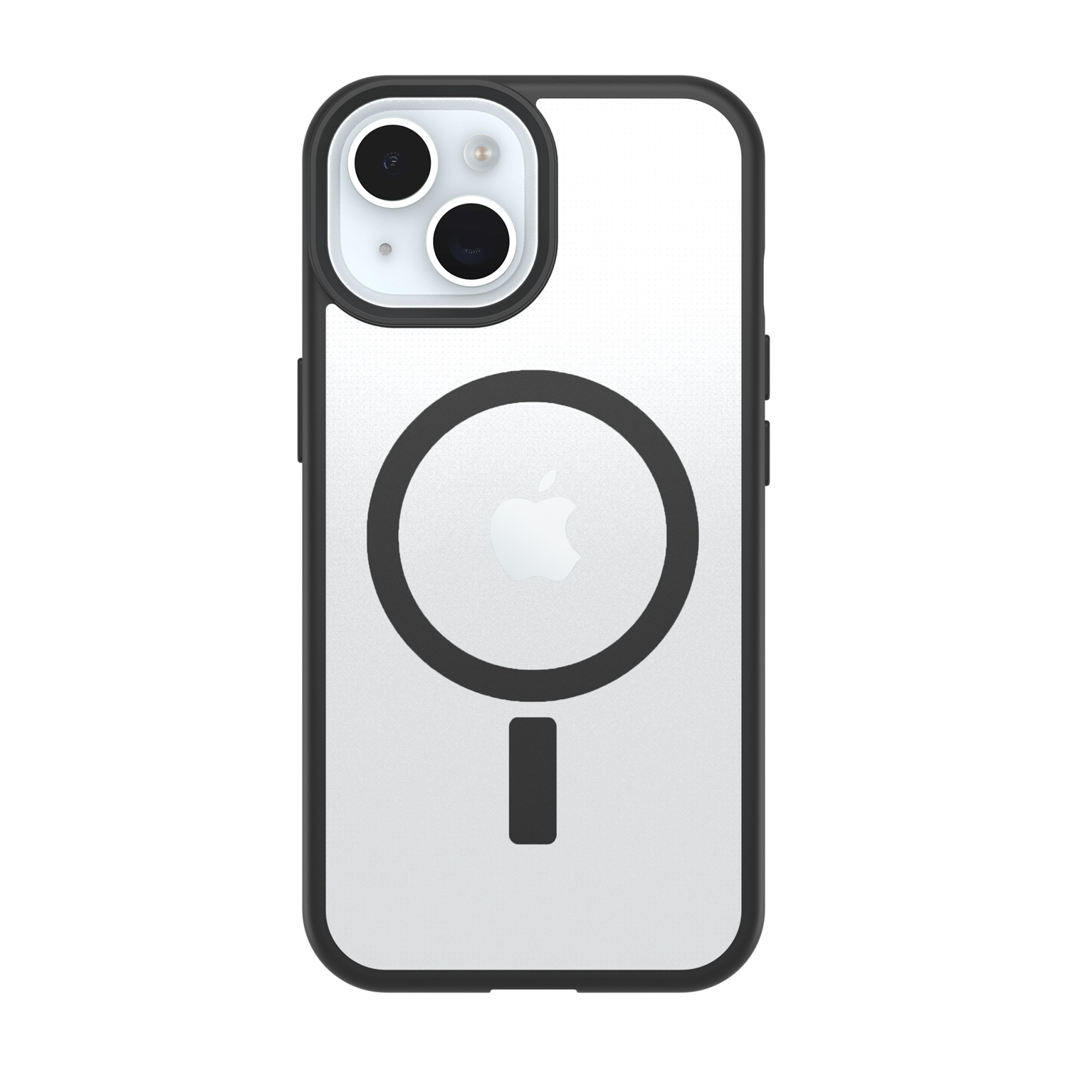 Una cover trasparente per iPhone con bordo nero e blocco fotocamera.