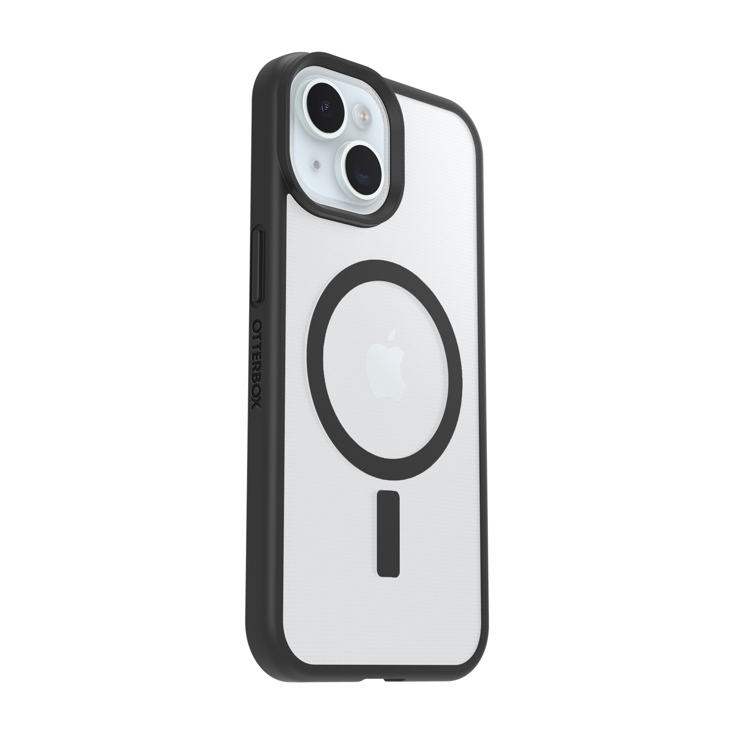 Una cover trasparente per telefono con bordo nero e gruppo fotocamere su sfondo bianco.