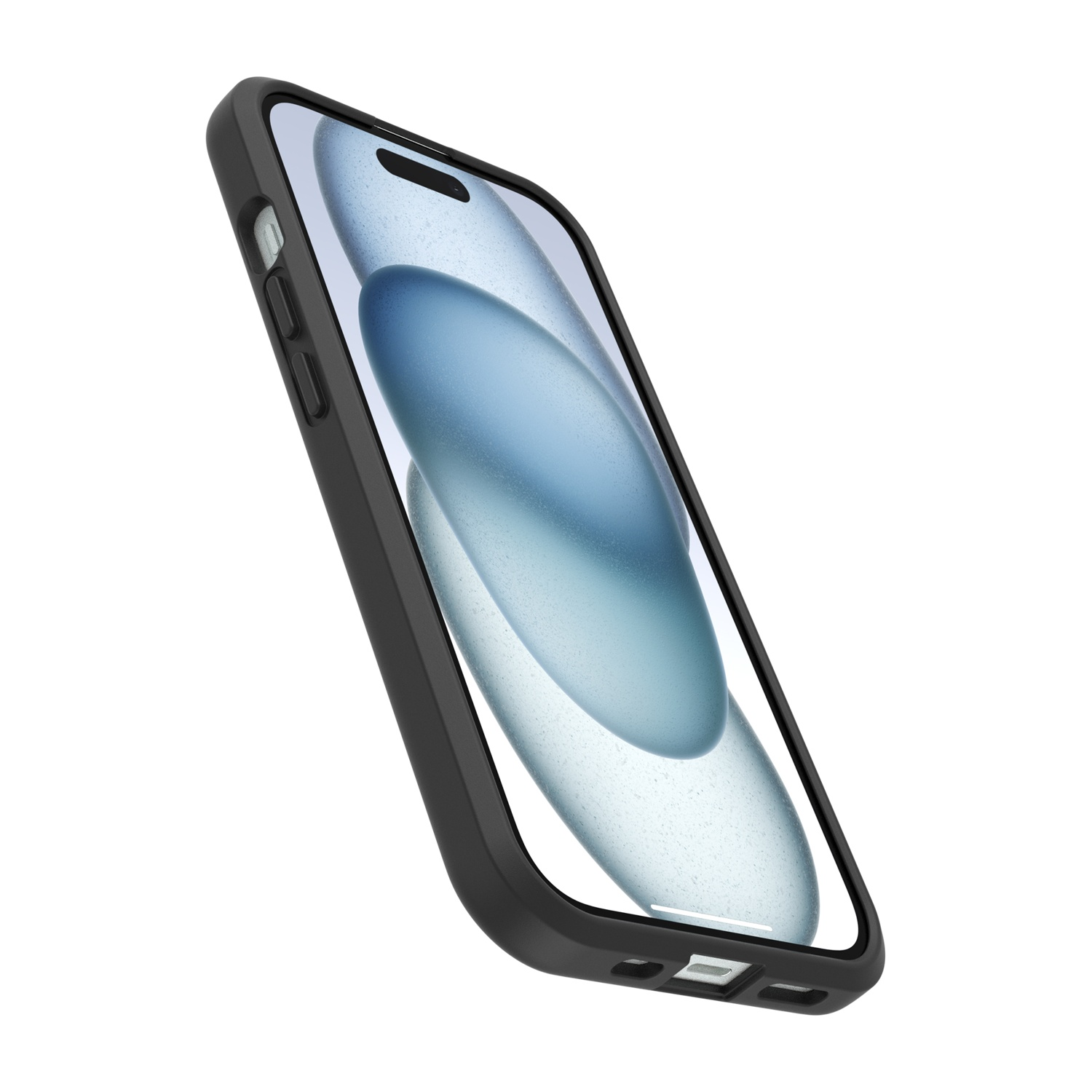 Uno smartphone nero in una custodia, su sfondo bianco.