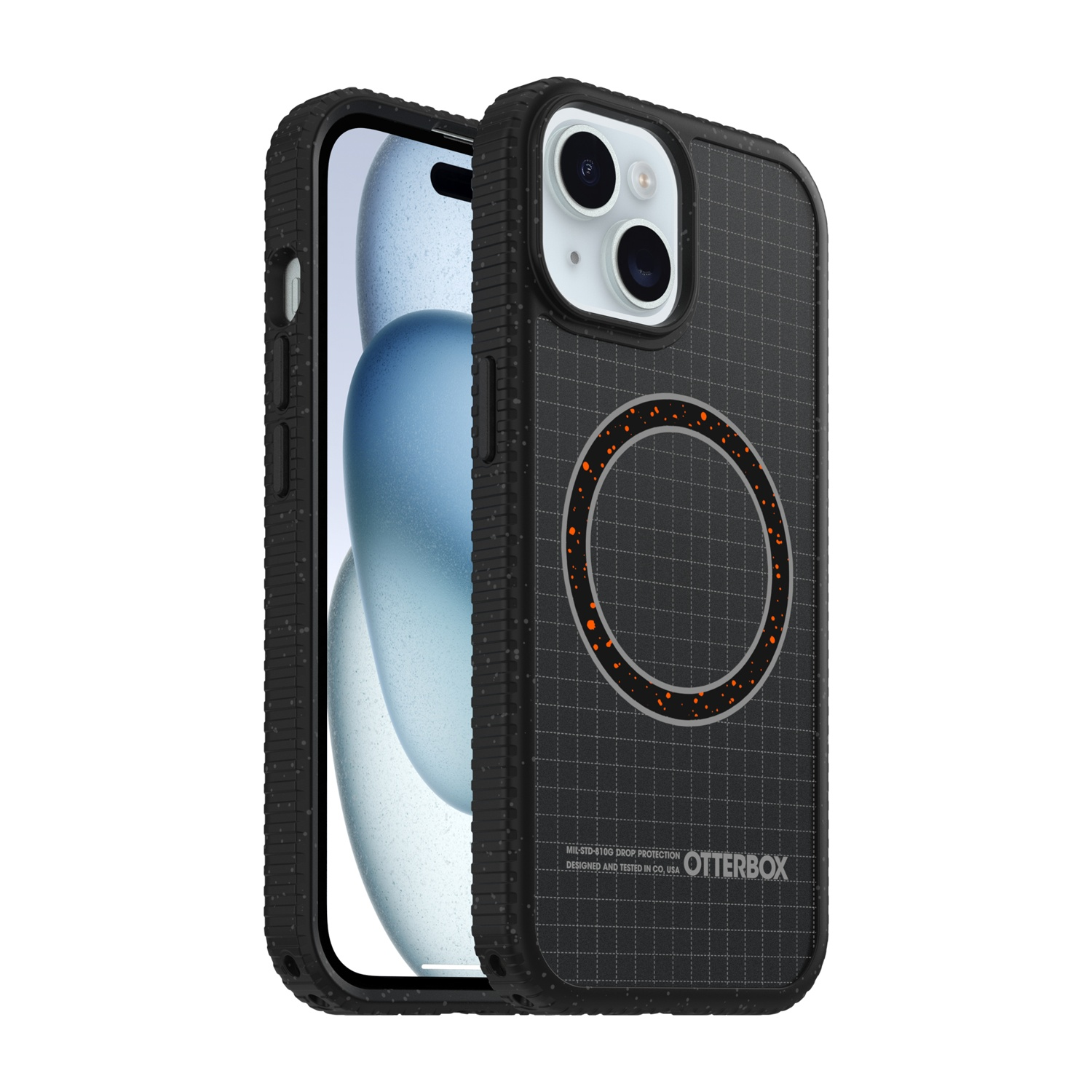 Custodia nera con motivo a griglia e cerchio arancione su un iPhone.