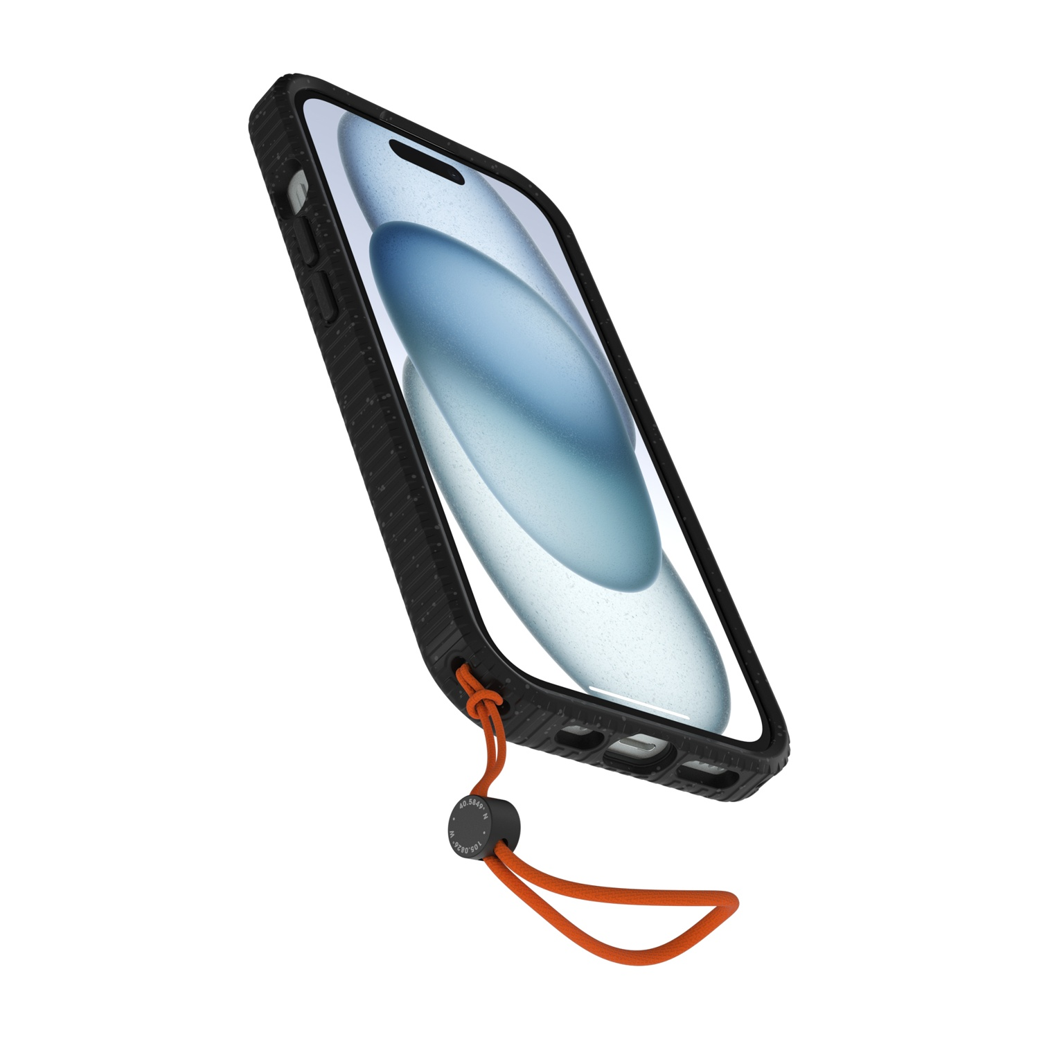 Telefono nero con cordino arancione e sfondo bianco.