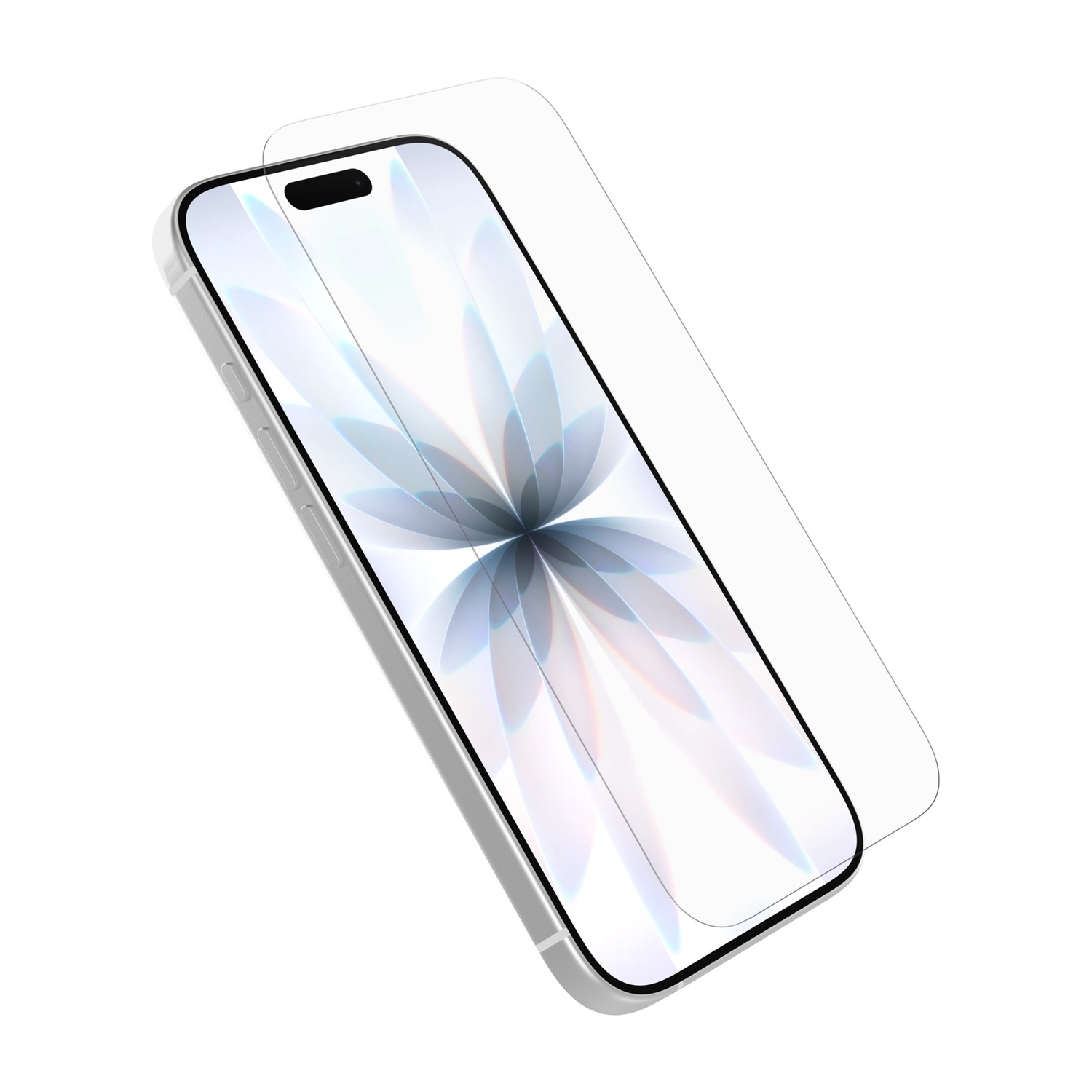 Uno smartphone argentato con proteggi schermo, su sfondo bianco.