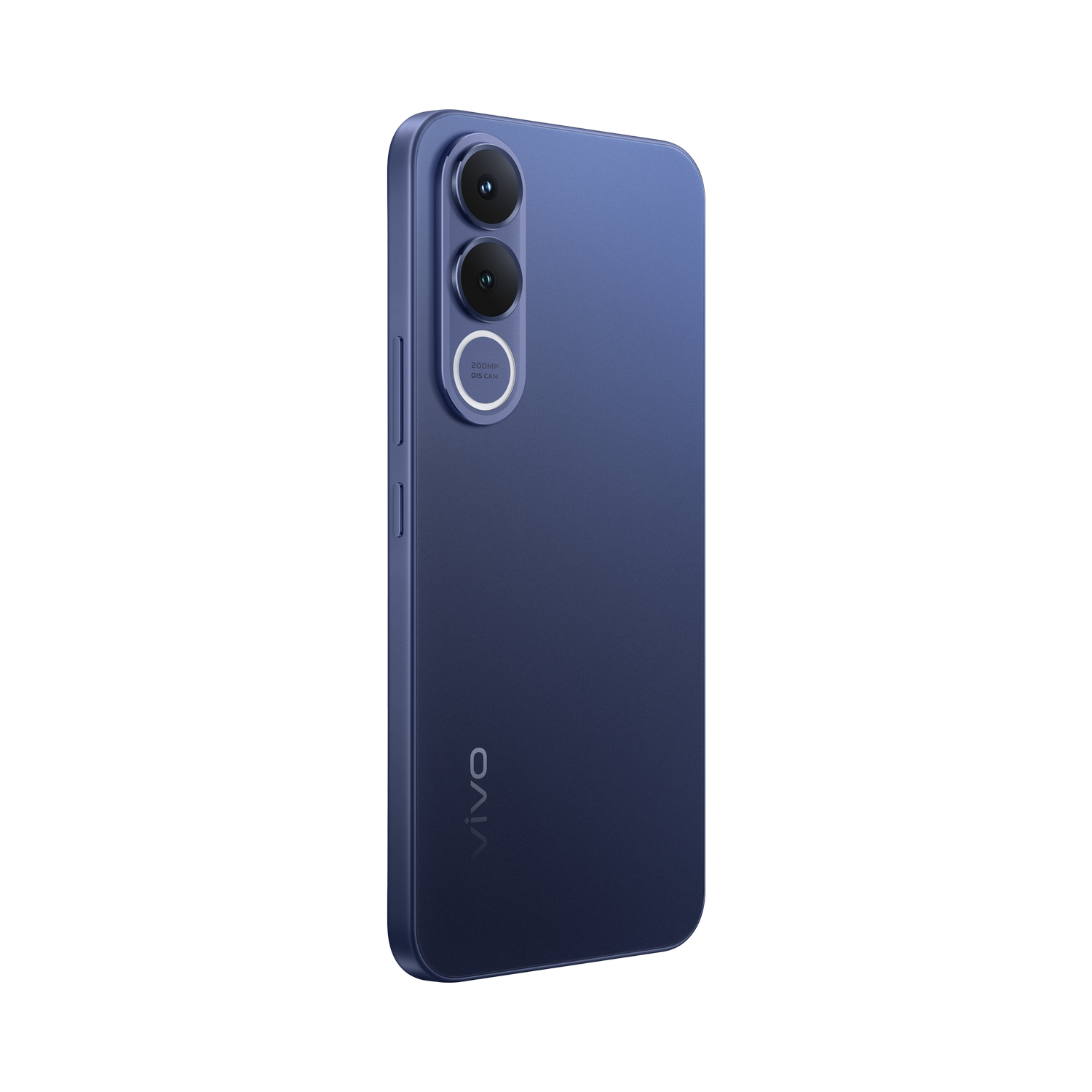Vista trasera de un smartphone azul con triple cámara y logo de Vivo.