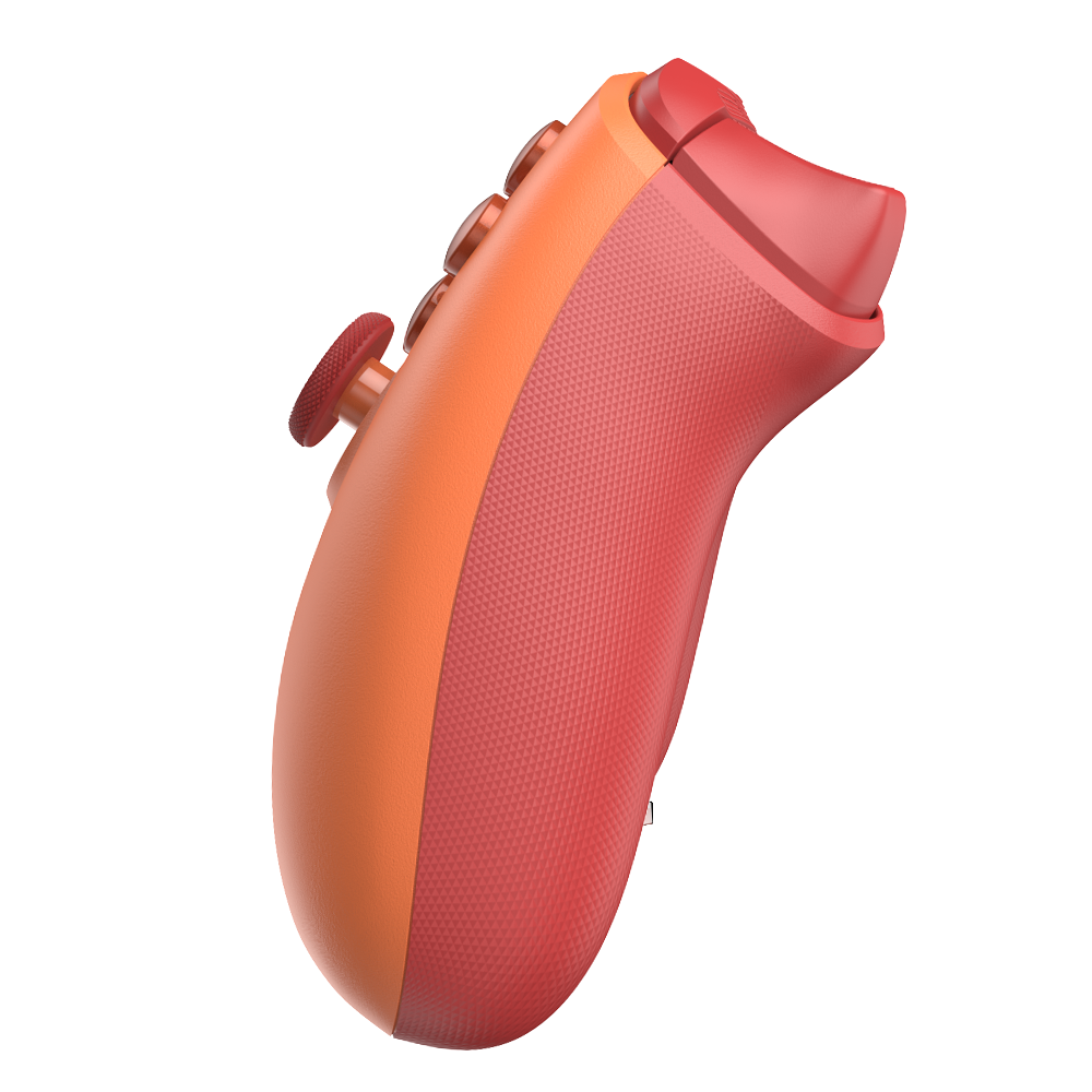 Ein orangefarbener und roter Gamecontroller mit strukturierten Griffen.