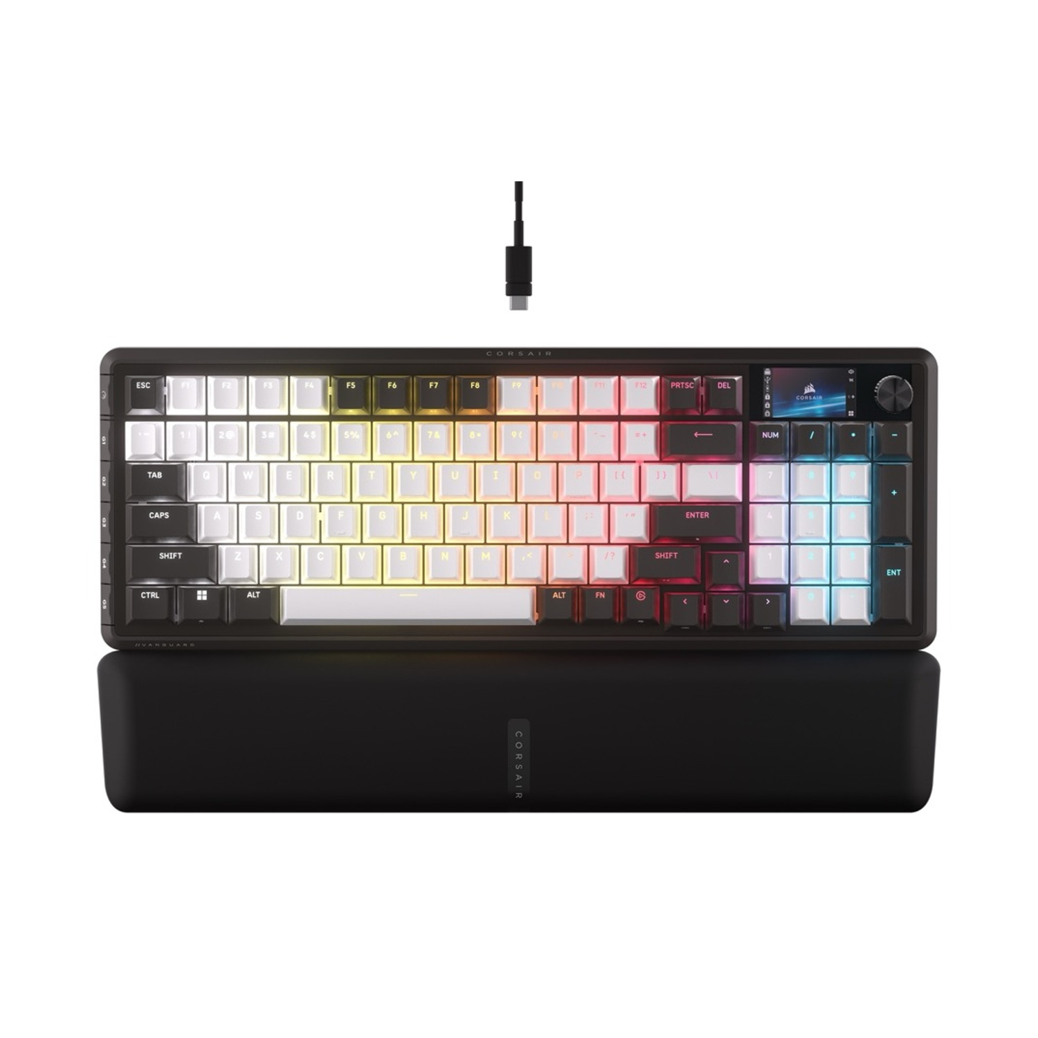 Una tastiera meccanica nera con illuminazione RGB e poggiapolsi.