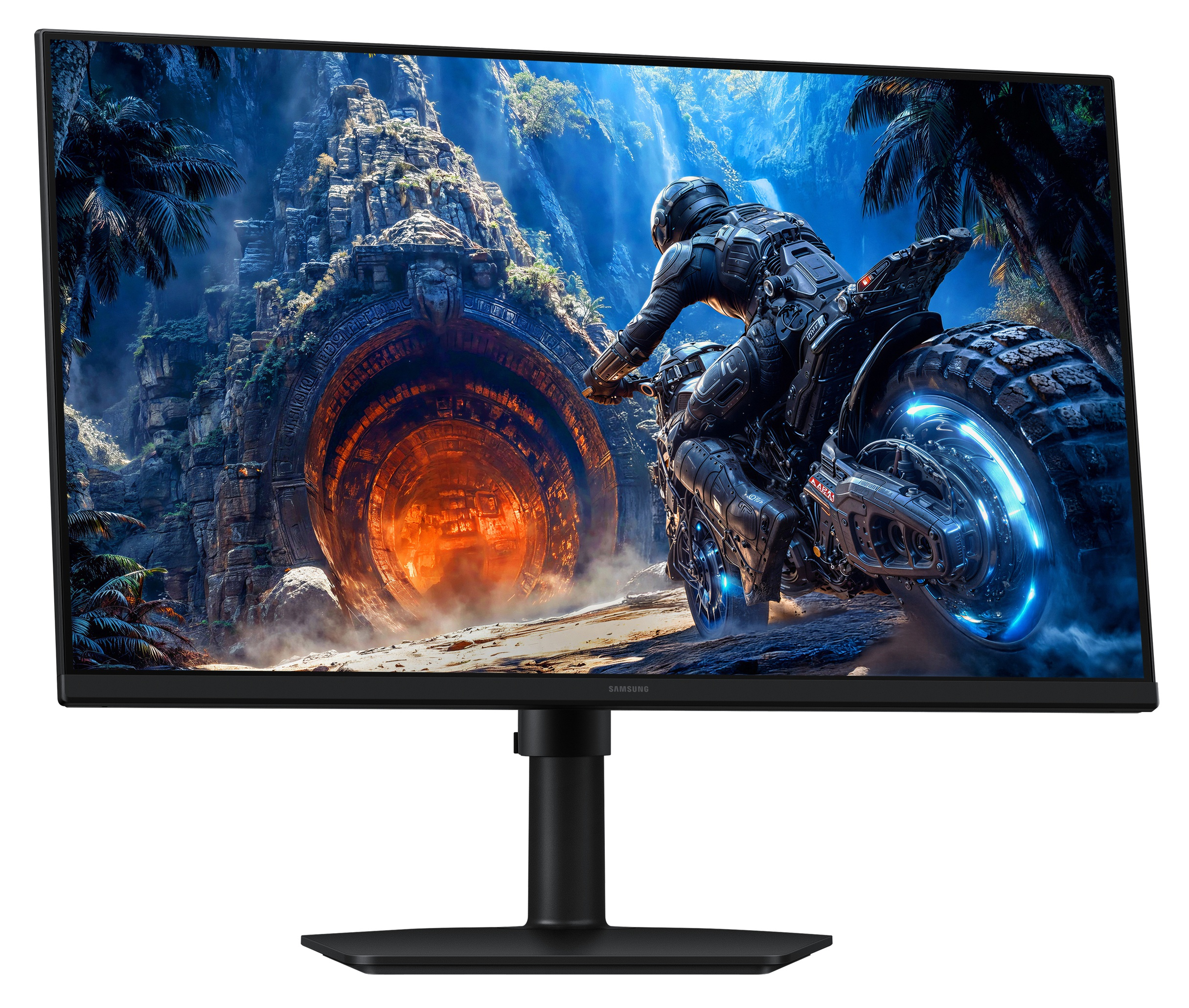 Futurystyczny motocyklista zbliża się do starożytnego łuku.