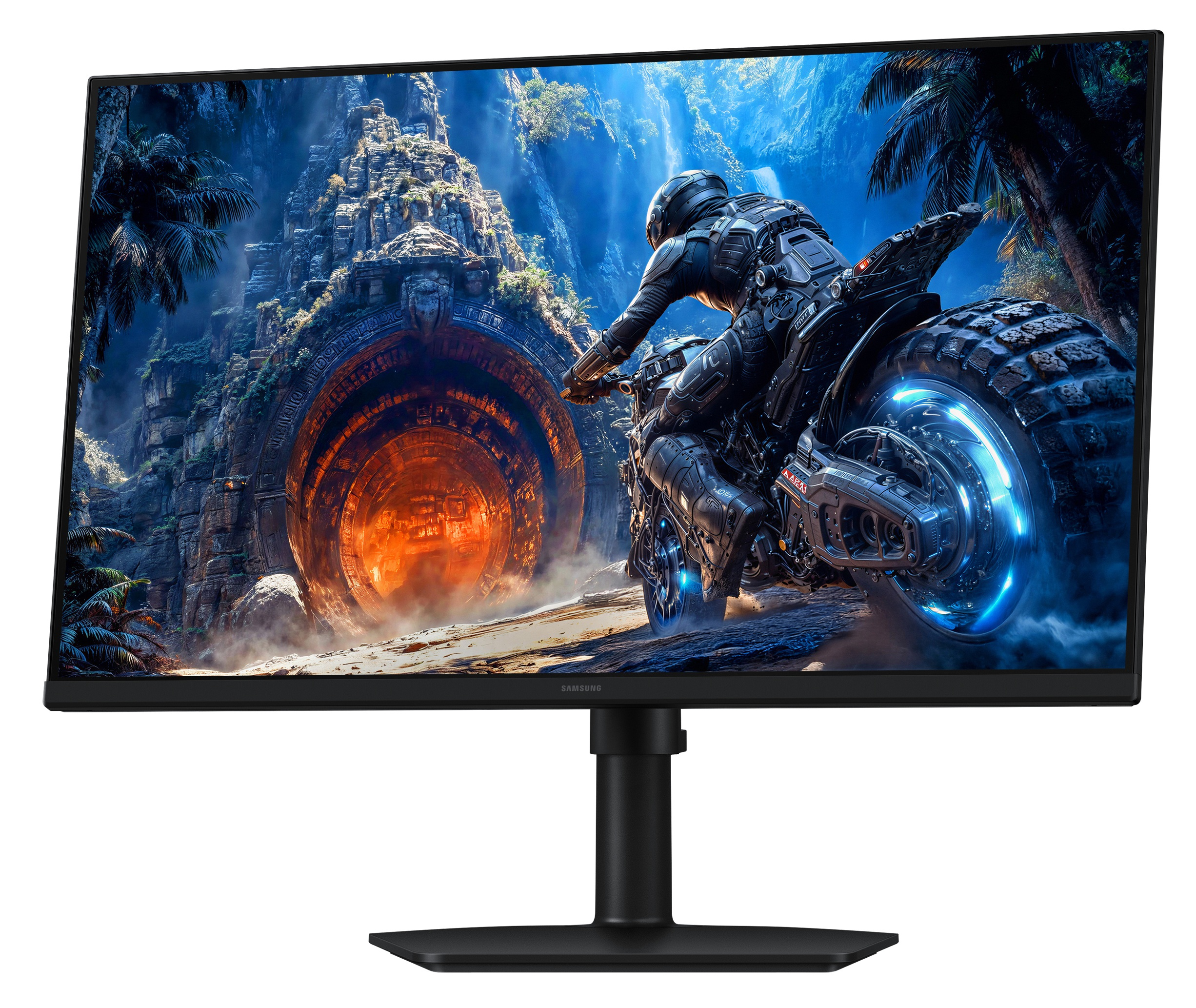 Motocyklista w futurystycznym pancerzu wjeżdża do starożytnej, świecącej jaskini.