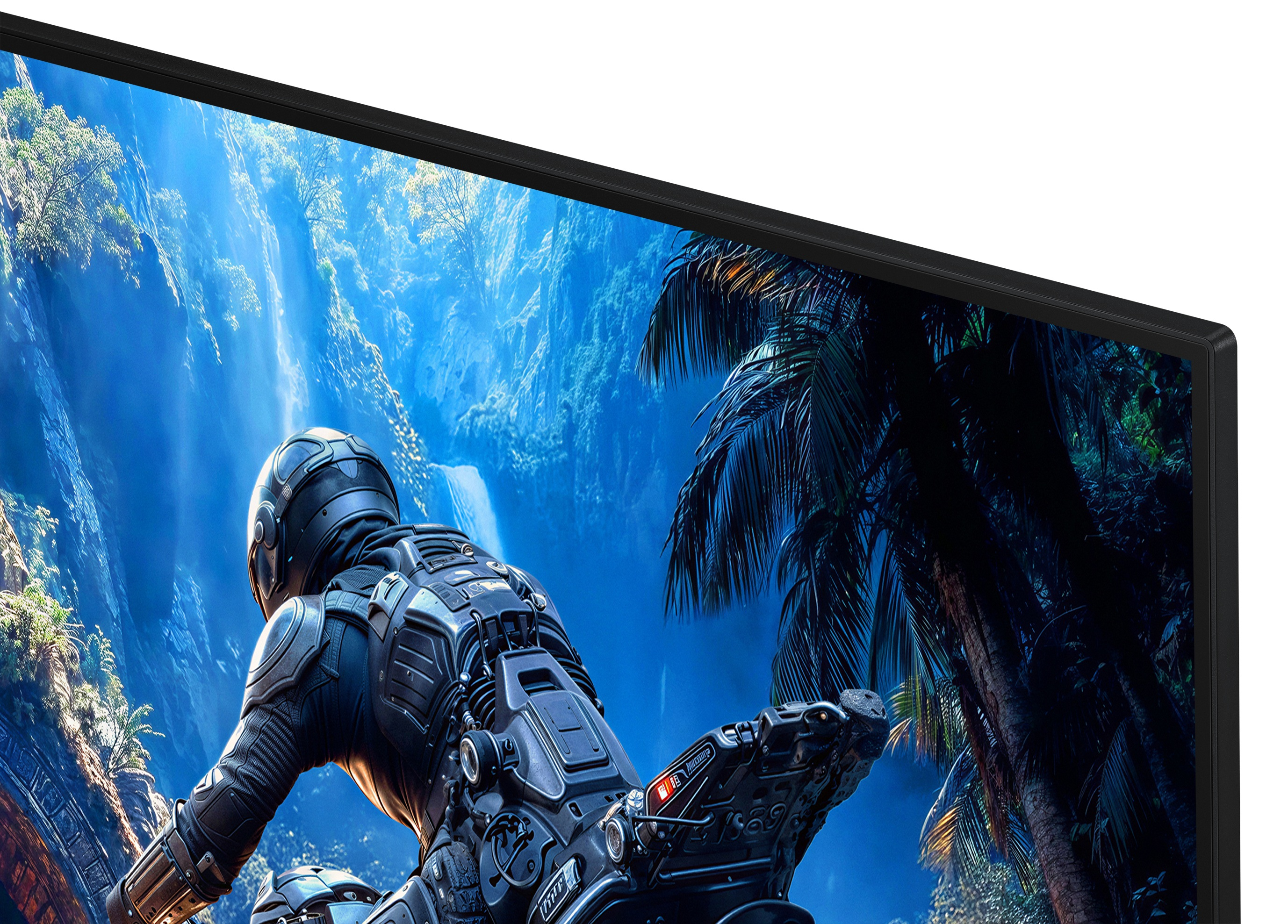 Futurystyczny jeździec w ciemnej zbroi podróżuje przez bujny, niebieski krajobraz dżungli z wodospadami.