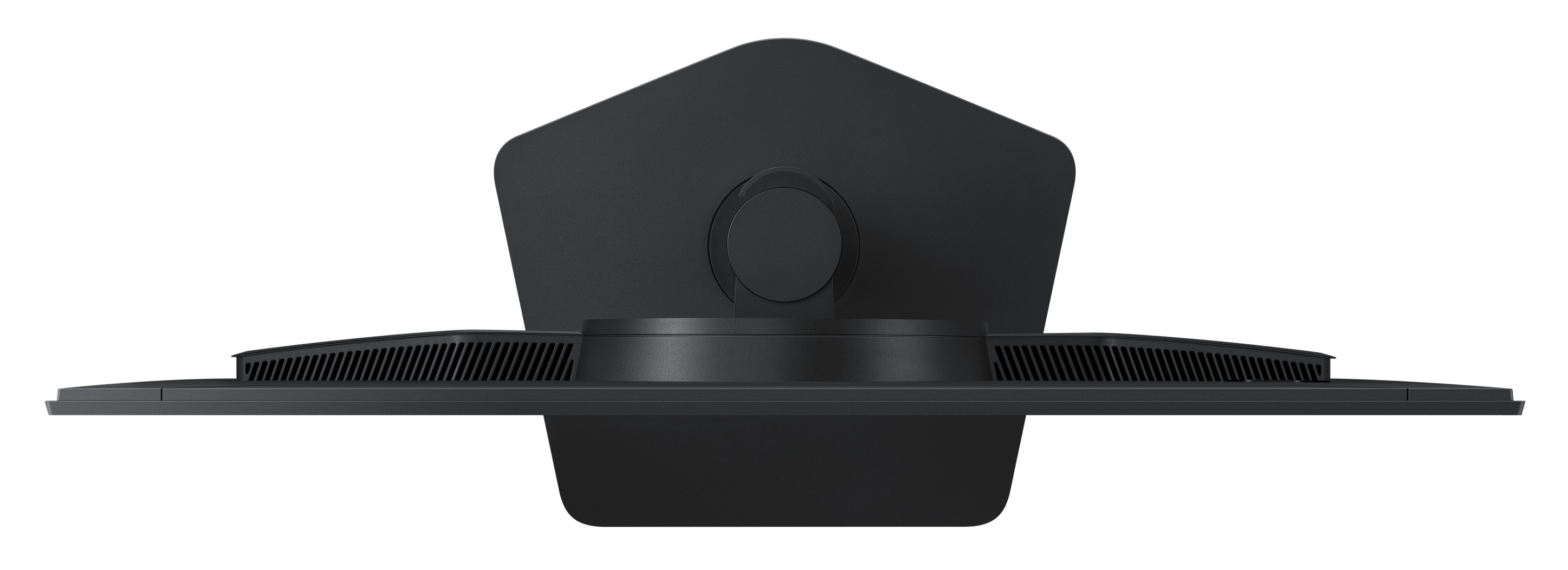 Widok z tyłu czarnego monitora z otworami wentylacyjnymi i okrągłym złączem montażowym.