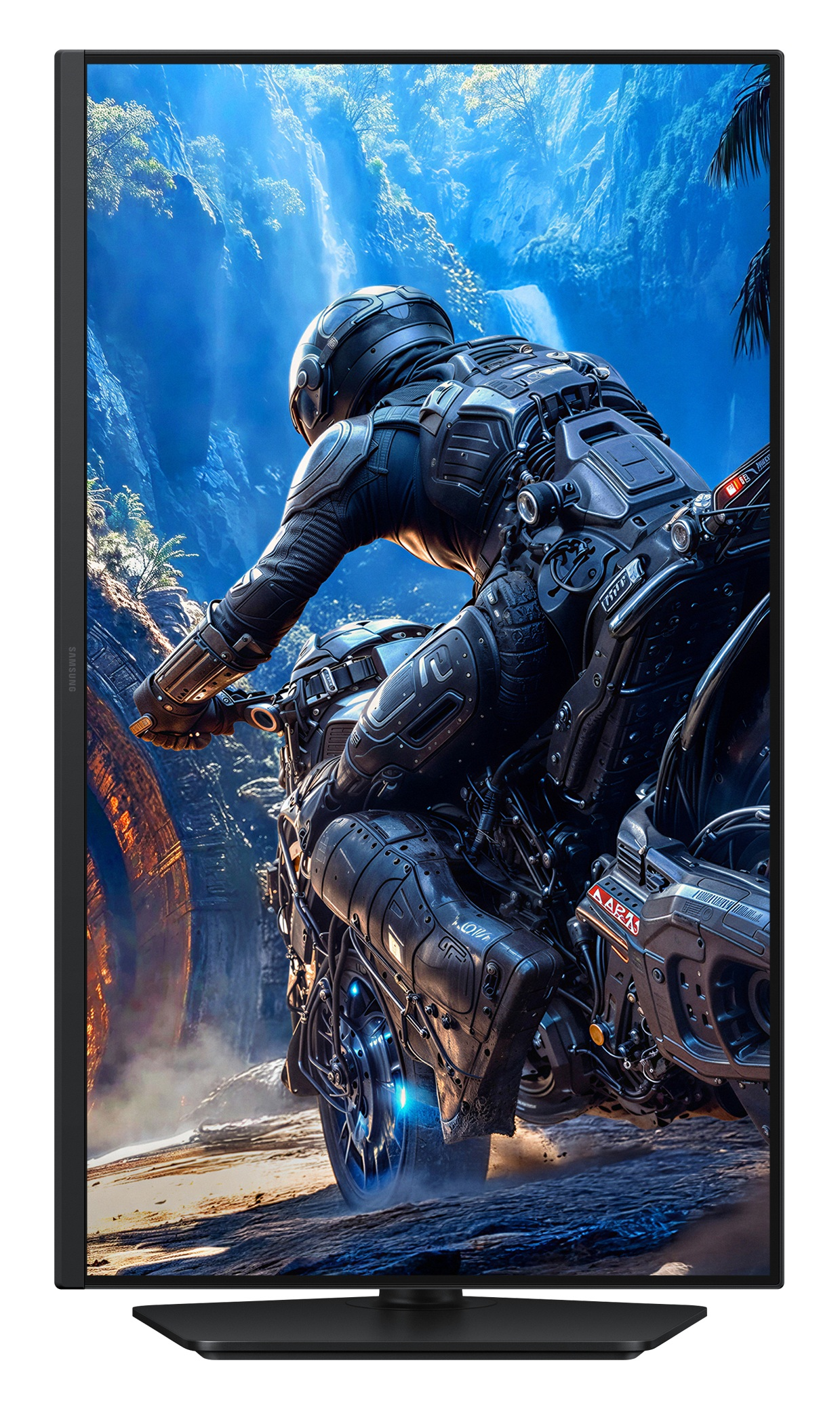 Futurystyczny jeździec w ciemnej zbroi jedzie motocyklem przez kanion.