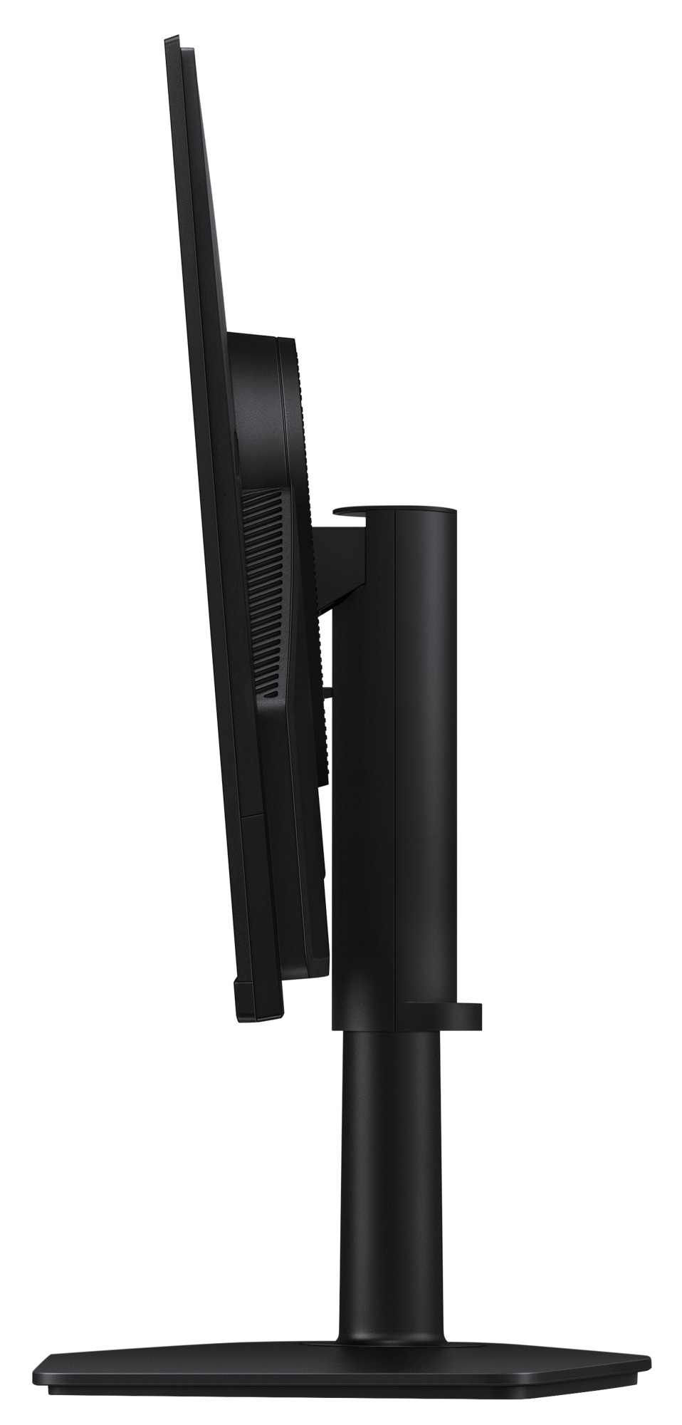 Czarny monitor komputerowy z boku na stojaku na białym tle.