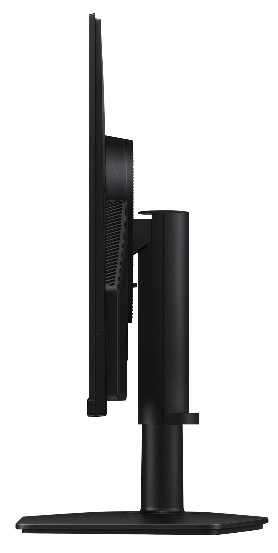 Widok z boku czarnego monitora komputerowego na regulowanym stojaku na białym tle.