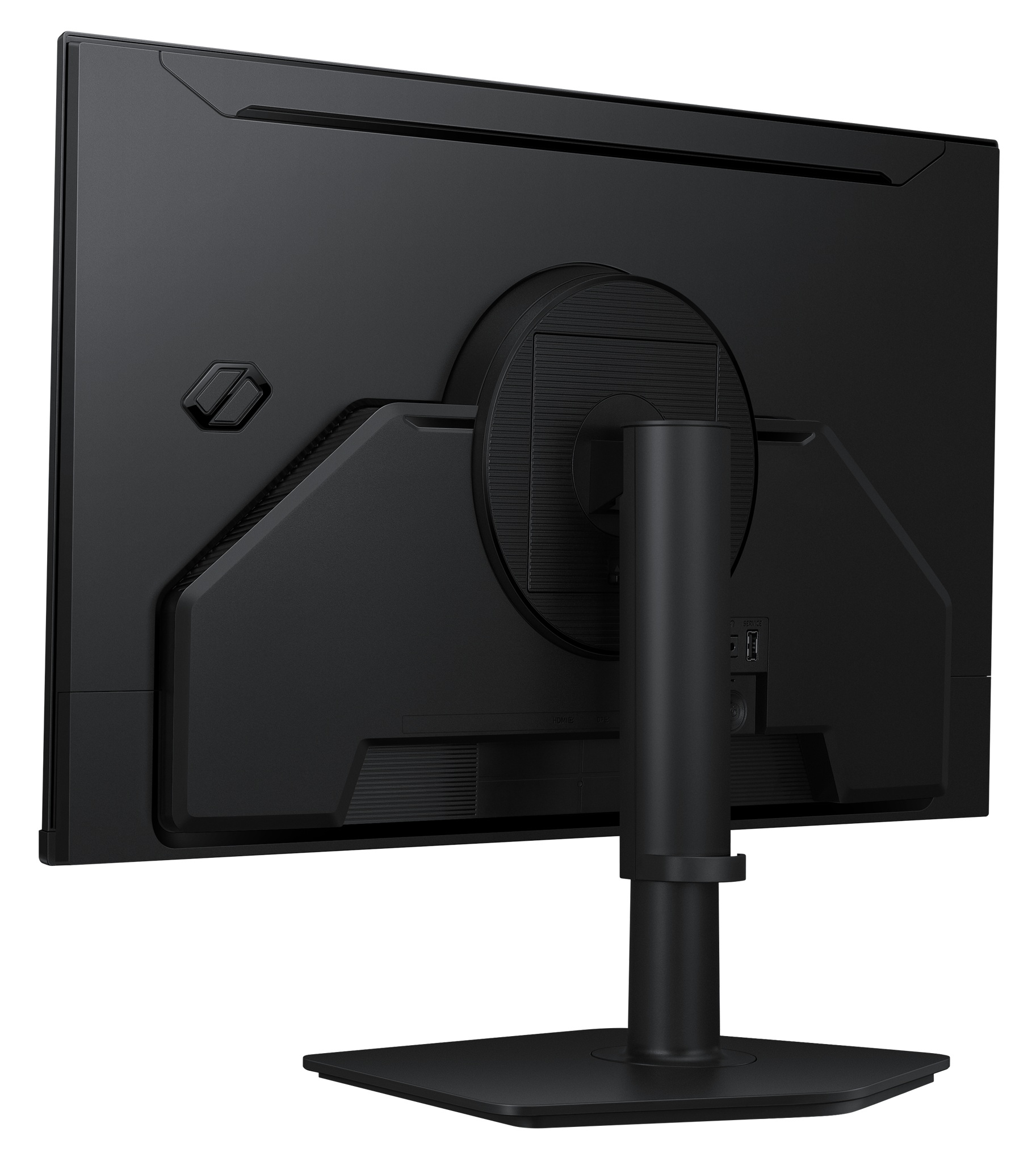 Tył czarnego monitora ze stojakiem i portami.