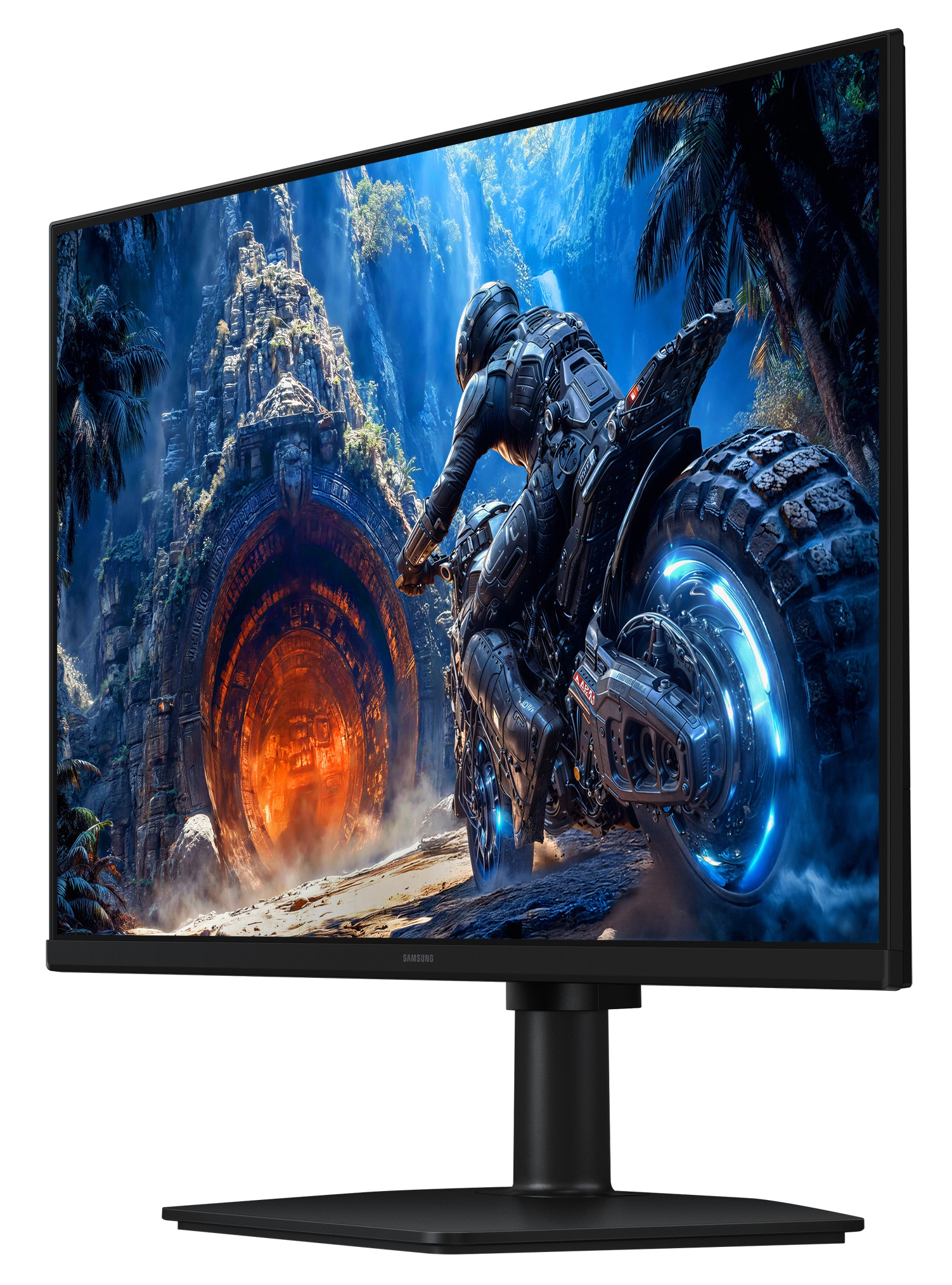 Jeździec na futurystycznym motocyklu przed starożytną bramą ze świecącym tunelem.