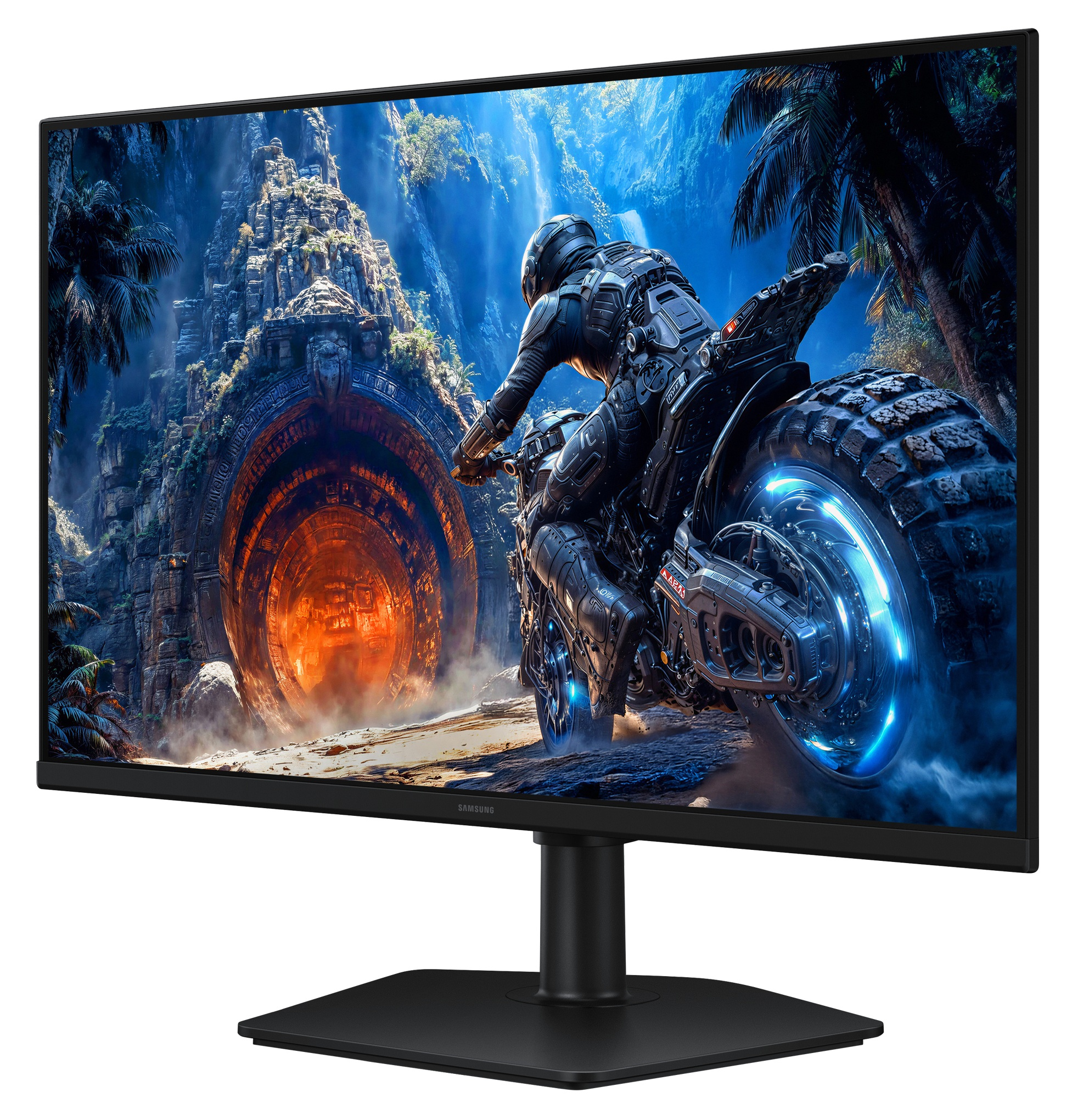 Futurystyczny motocyklista wjeżdża do świecącej ruiny w scenerii dżungli.