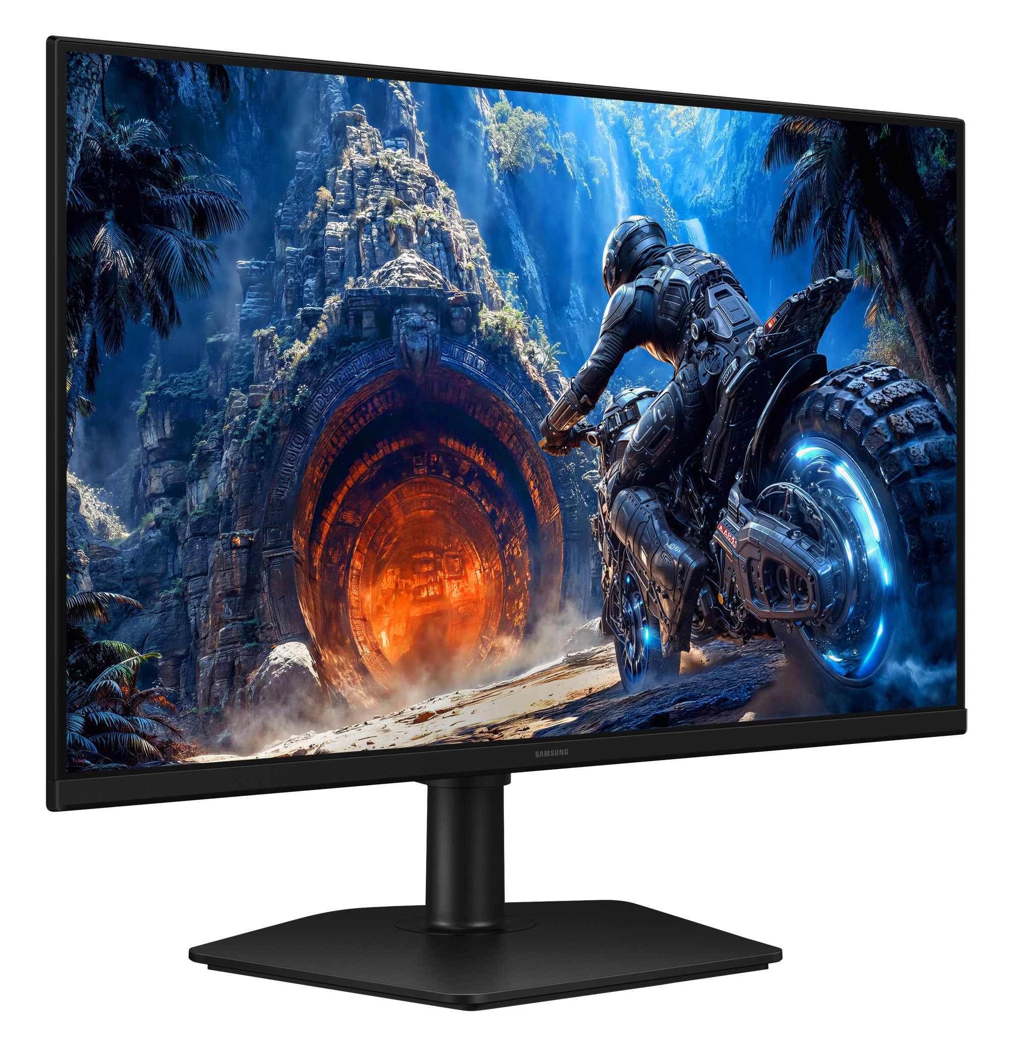 Motocyklista jedzie w stronę świecącego portalu, otoczony dżunglą i skałami.