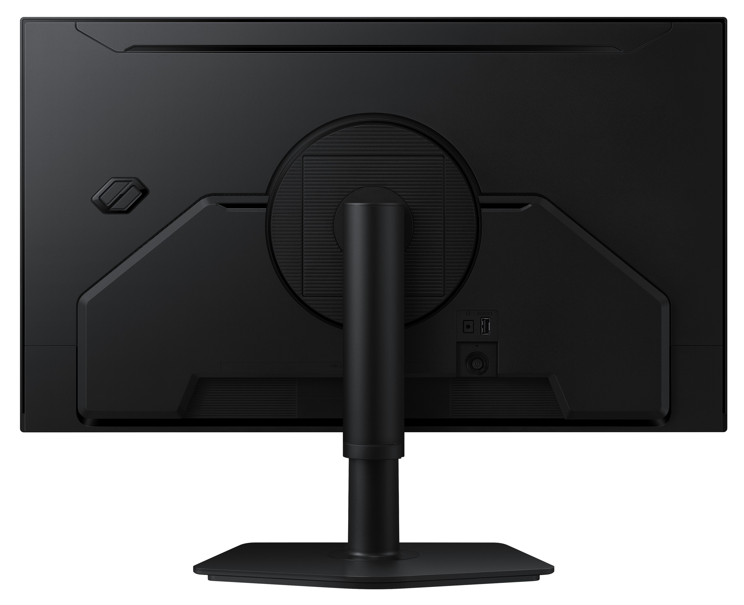 Tył czarnego monitora z portami i podstawką.