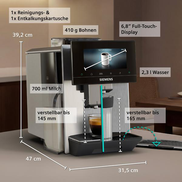 Siemens Kaffeemaschine: 39,2cm hoch, 47cm breit. 700ml Milch, 410g Bohnen, 2,3L Wasser.