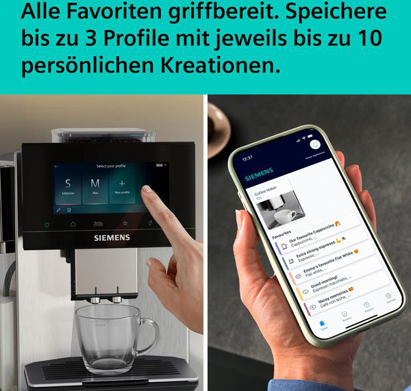 Kaffeemaschine mit Touchscreen und Smartphone-App für personalisierte Kaffees.