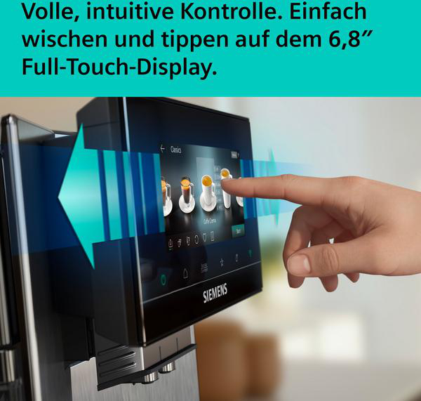 Ein Finger tippt auf den 6,8-Zoll-Touchscreen einer Kaffeemaschine.