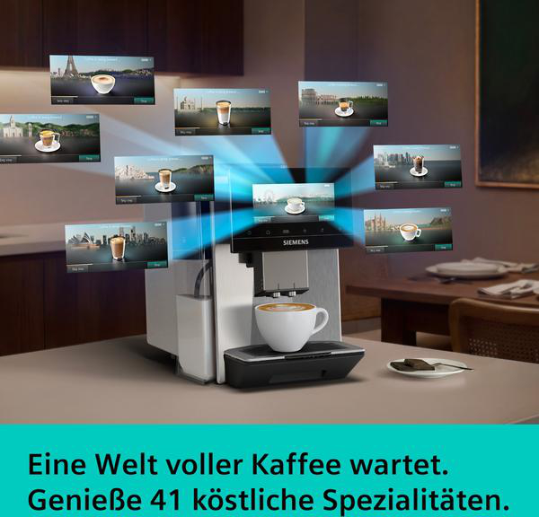 Siemens Kaffeevollautomat mit Touchscreen, der verschiedene Kaffeesorten mit Wahrzeichen zeigt.