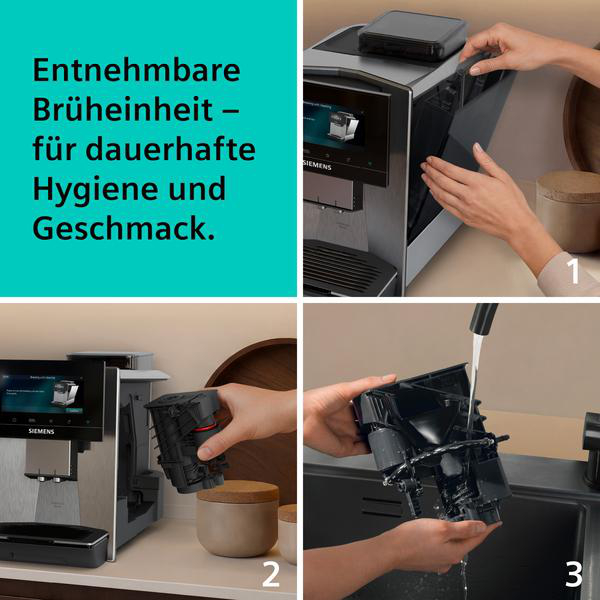 Kaffeemaschine: Brühgruppe entnehmen, reinigen und wieder einsetzen.