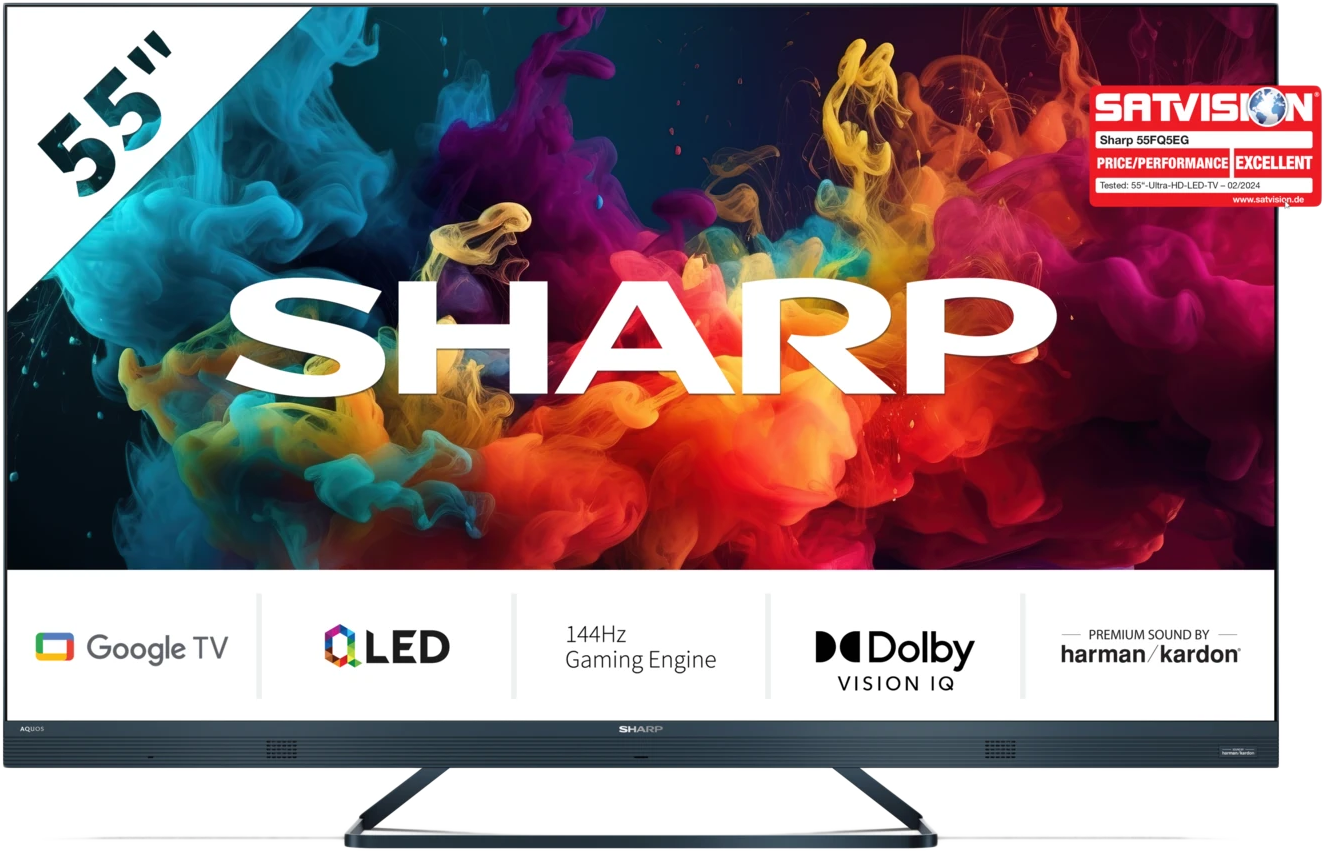SHARP 55FQ5EG 4K UHD 144Hz Quantum Dot Sharp Google TV Harman Kardon hangszórókkal, 139 cm